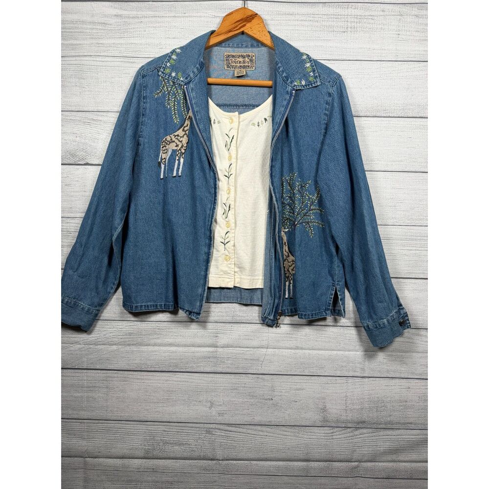 Vintage TanTrum Blues Women's M Giraffe Embroidered Denim Jacket Top 4372